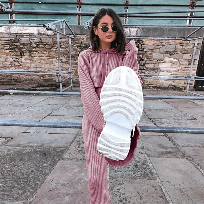 2018 Women Two Piece Outfits Fashion Short Hooded And Wide Leg Pant Tracksuit Knitting Winter Set | Женская одежда