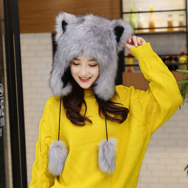 Женская зимняя шапка бомбер из искусственного лисьего меха|bomber cap|women winter bomber