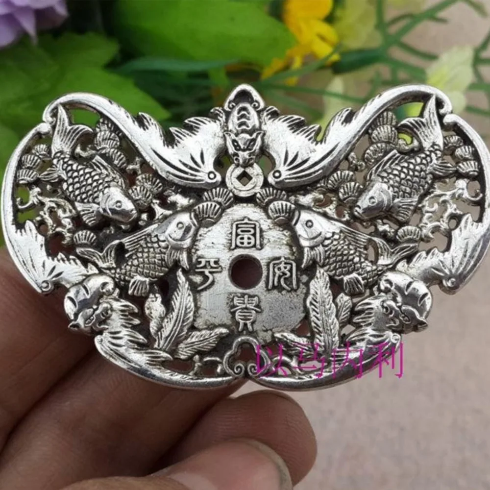 

FREE SHIPPING lucky Chinese Tibet Silver 925 fish Bat Statue pendant