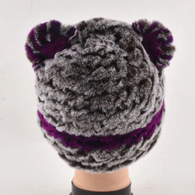 Милый Кот шапка зимняя Для женщин Натуральная мех кролика рекс Шапки ручной