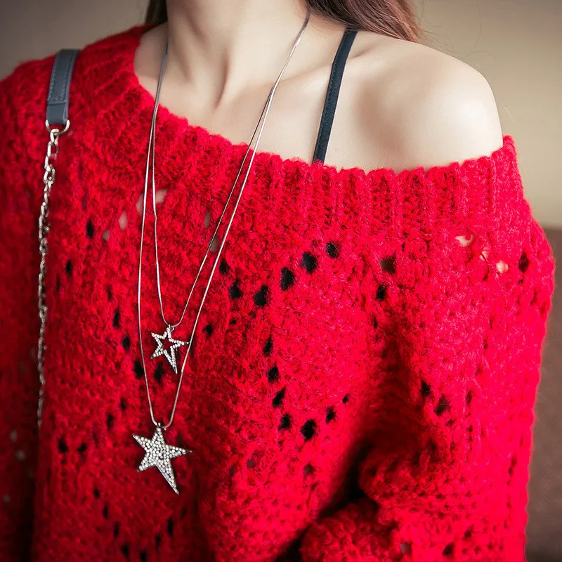 

Korean Silver Rhinestone Doulbe Star Hollow Out Pendant Long Chain Necklace Jewelry For Women