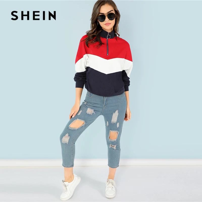 SHEIN многоцветный минималистичный свитер с круглым вырезом и молнией спереди, с вырезом-стойкой, с рукавом реглан, Осенний Женский Повседневный пуловер