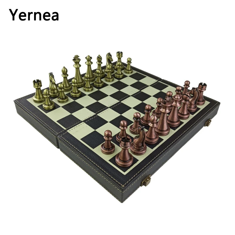 Yernea Folding Chess Games Set Metal Chess Pieces Solid Wood Chessboard Mounted Synthetic Leather High-quality Games