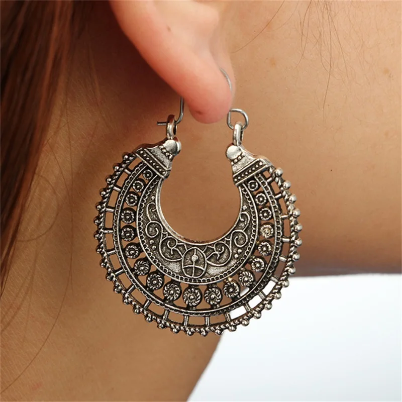 

HuaTang Vintage Ethnic Earring Geometric Antique Silver Color Gold Hollow Flower Drop Earring Piercing Earring Statement Jewelry