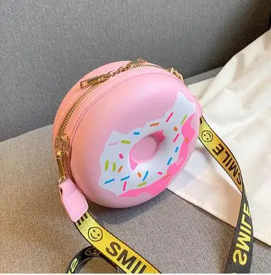 Розовый 3 Color Fun Cartoon Smiley Shoulder Strap Donut Design Girl's Round Shoulder Bag Handbag Crossbody Bag Women Casual Totes Pouch - Цвет: Розовый