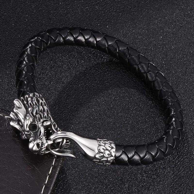 

Punk Jewelry Round Rope Weaving Men Leather Bracelet Stainless Steel Fashion Vintage Dragon Head Accessories BB0391