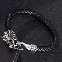 punk jewelry round rope weaving men leather bracelet stainless steel fashion vintage dragon head accessories bb0391