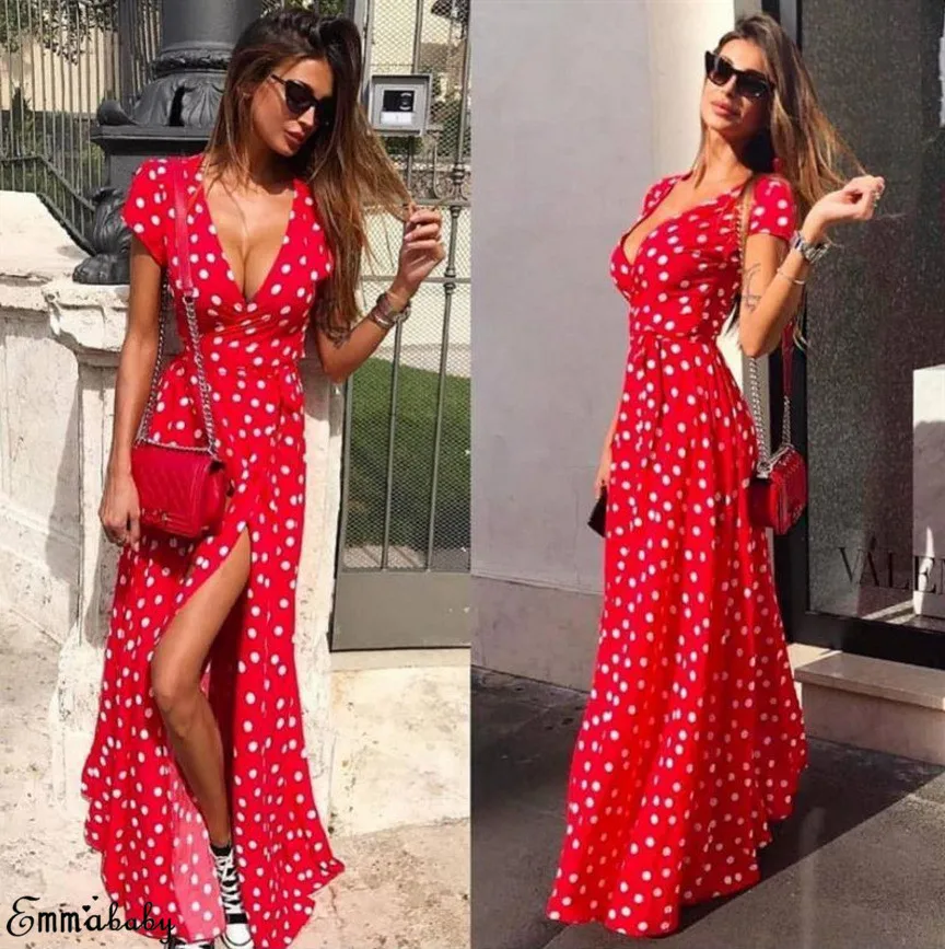 Women Wrap Summer Boho Polka Dot Maxi Dress Casual Ladies Short Sleeve V Neck Holiday Beach Long Sundress Fashion Wrap Sundress