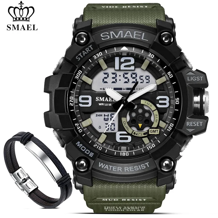 1617 ArmyGreen SMAEL часы+ браслет набор 1617 военные часы Мужские Аналоговые Цифровые светодиодный с подсветкой мужские спортивные часы с двойным дисплеем наручные часы - Цвет: 1617 ArmyGreen