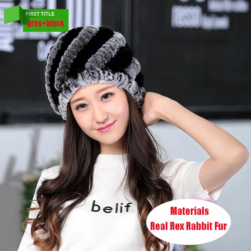 gray and black Женская русская настоящая шапка из меха кролика Рекс, зимняя вязаная шапка ручной работы, настоящий мех кролика, меховые шапки - Цвет: gray and black