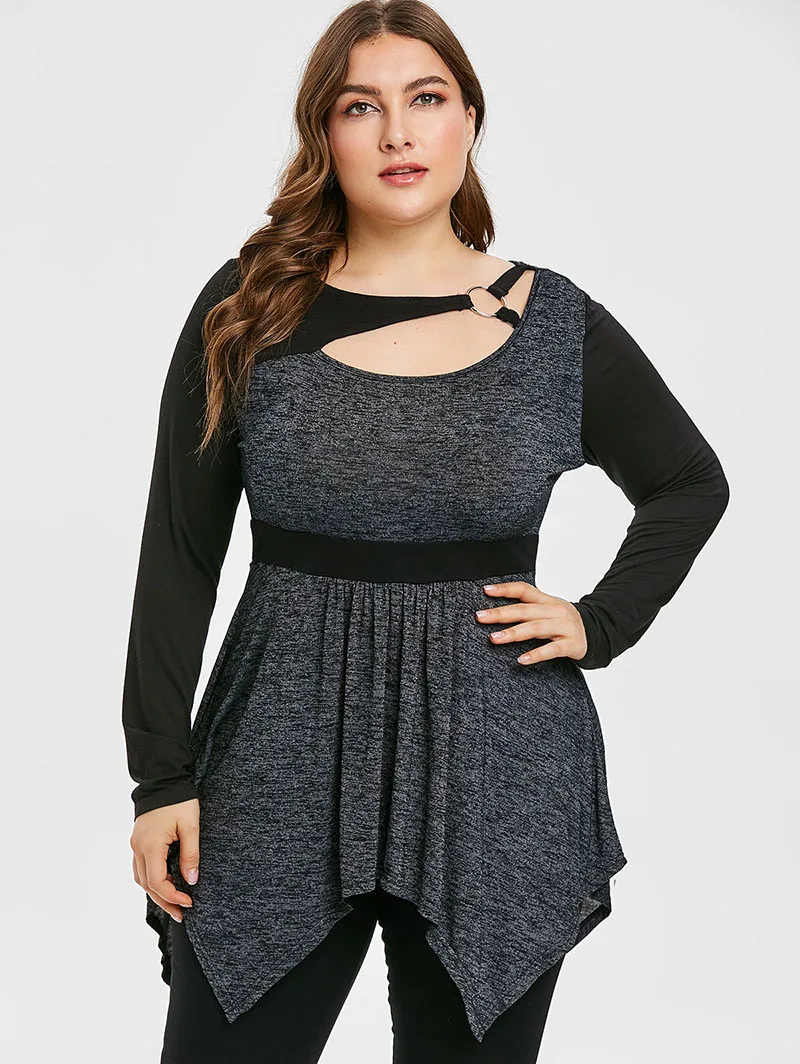 PlusMiss размера плюс XXXXXL вырезать контраст Туника Футболка XXXXL XXXL XXL Для женщин с длинными рукавами на осень, Винтаж футболка популярной модели, большие Размеры