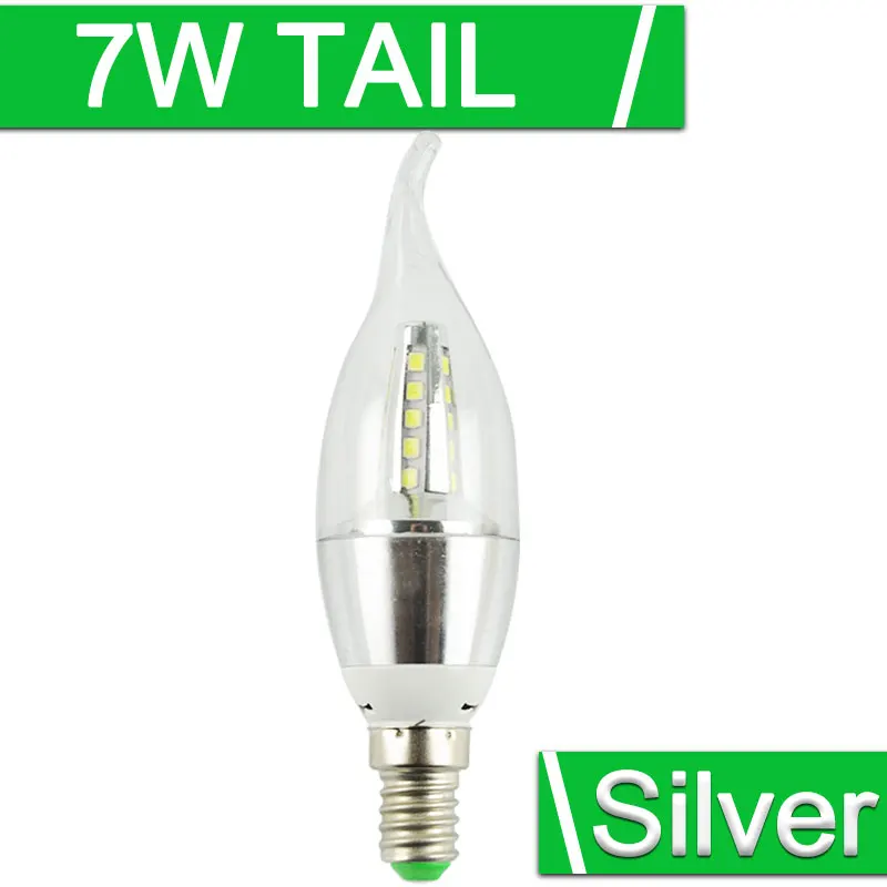 Silver 7W Tail E14 Светодиодный светильник, 7 Вт, 9 Вт, 12 Вт, светодиодный светильник в форме свечи, E14, 220 В, 240 в, золотой, серебряный, холодный белый, теплый белый, Lumiere Lampara - Испускаемый цвет: Silver 7W Tail