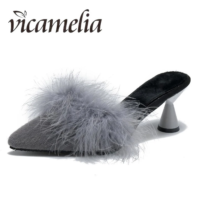 Vicamelia/женские шлепанцы на среднем каблуке женские с острым носком из флока