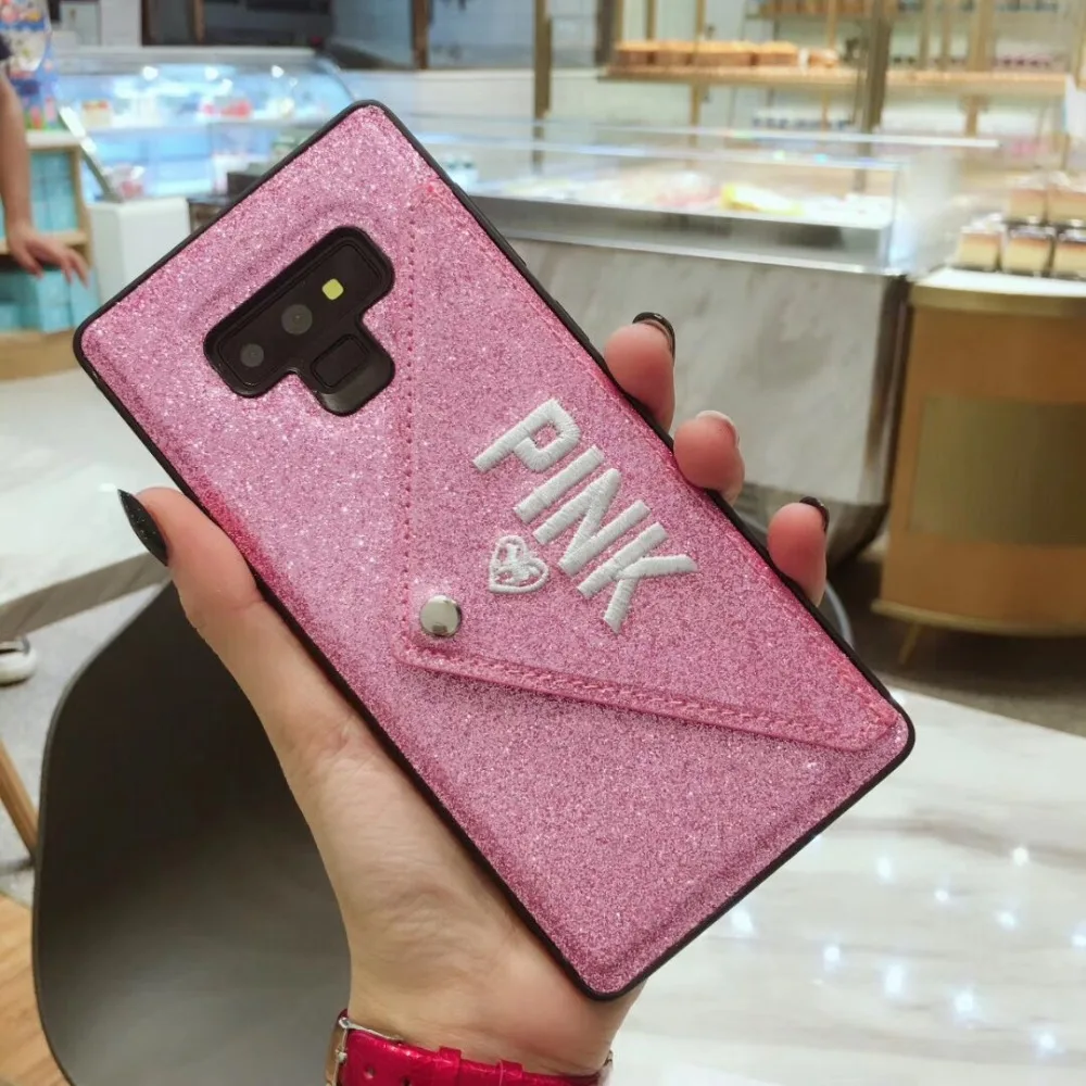 Luxury PINK Glitter Embroidery Leather Lanyard Fashion Brand Case for iPhone XR XS MAX 7 8 6 s Plus X samsung note8 9 secret |