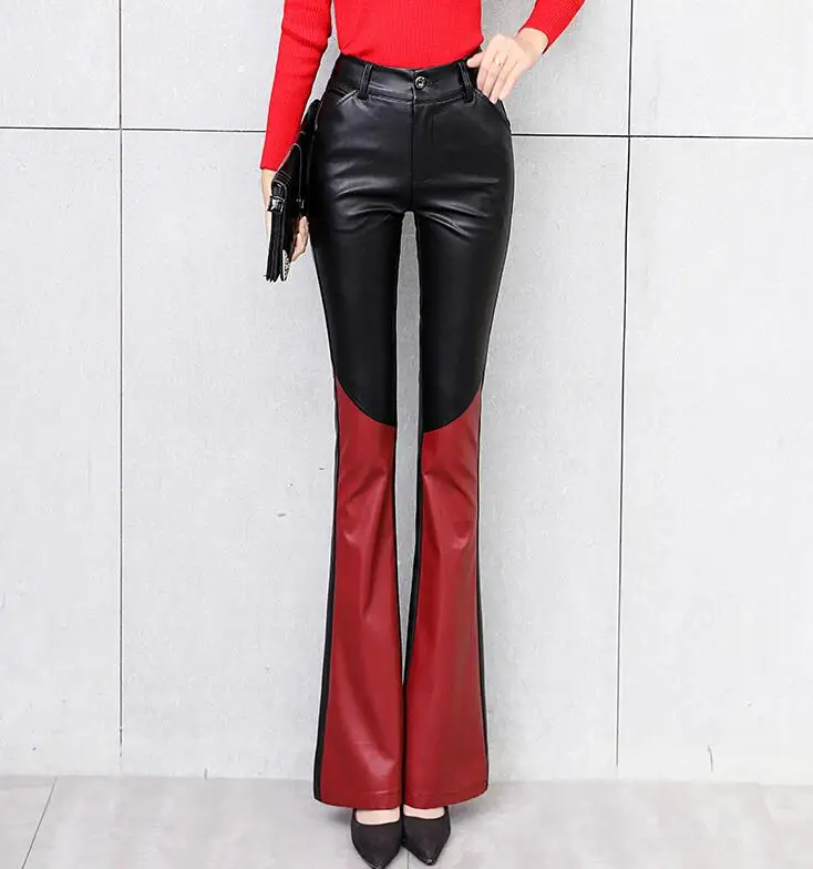 

Женские модные длинные брюки-клеш с завышенной талией, из ПУ кожи