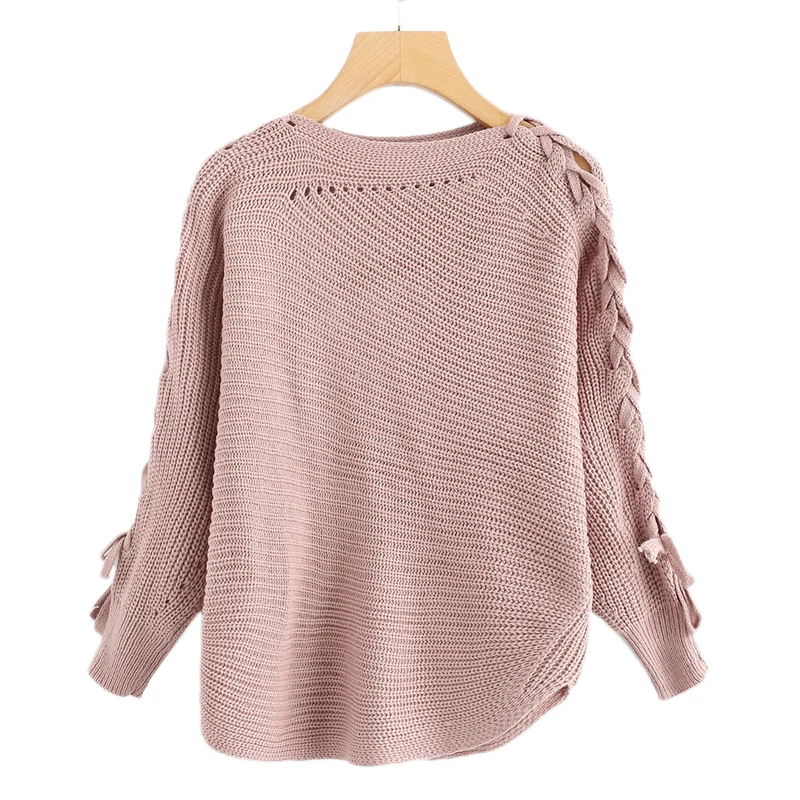 Dotfashion, розовый, на шнуровке, однотонный, женский свитер, осень, одежда для женщин, повседневная, весна, простая одежда, длинный рукав, пуловер, джемпер