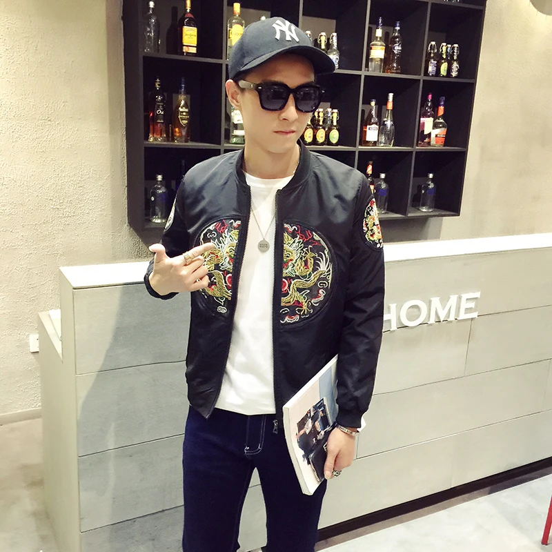 Китайские бейсбольные куртки бомберы с изображением дракона цвет белый черный