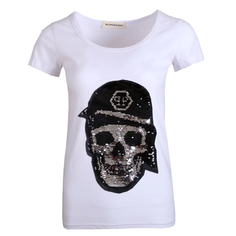 Двусторонние футболки с пайетками и черепами унисекс рубашка коротким рукавом