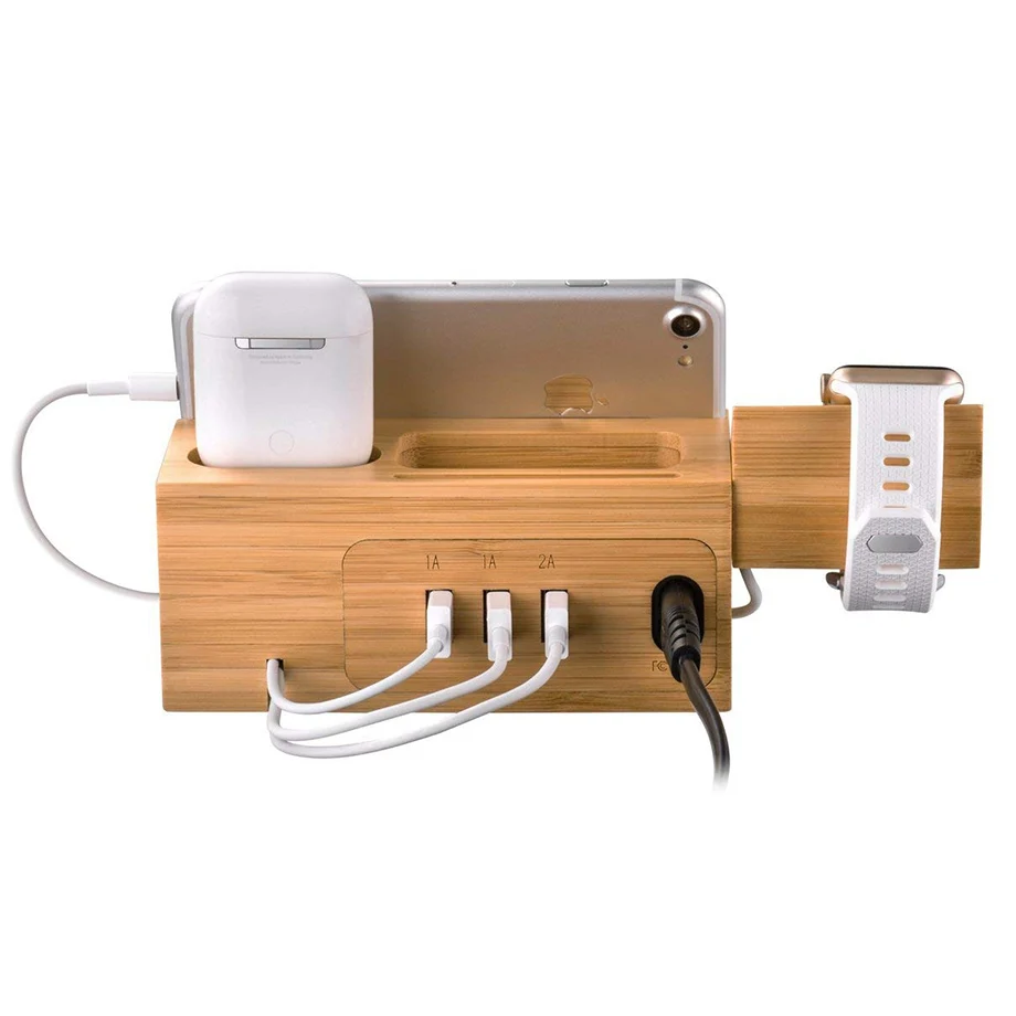 ARVIN 3 in 1 Bamboo Wood Charging Dock Multi-USB Charger Station Stand Holder for iPhone X 8 Apple Watch Airpod Samsung Bracket