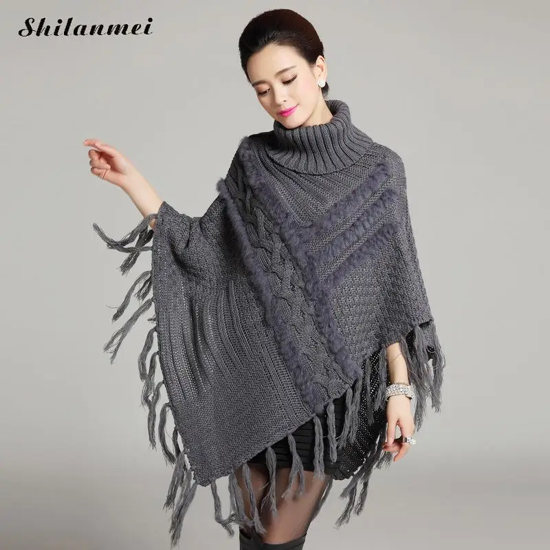 Pullover 2017 Winter Tassel Khaki Sweater For Women Gray Turtleneck Loose Cape Coat Casual Pull Femme Black Knitted Sweaters | Женская