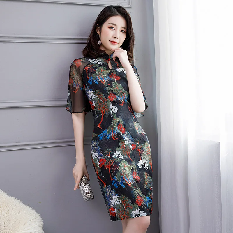 Шифоновое платье с воротником мандарина; Новинка; Cheongsam; Сексуальное Тонкое Повседневное платье; новое летнее платье с цветочным принтом; Vestidos; короткий рукав; Qipao