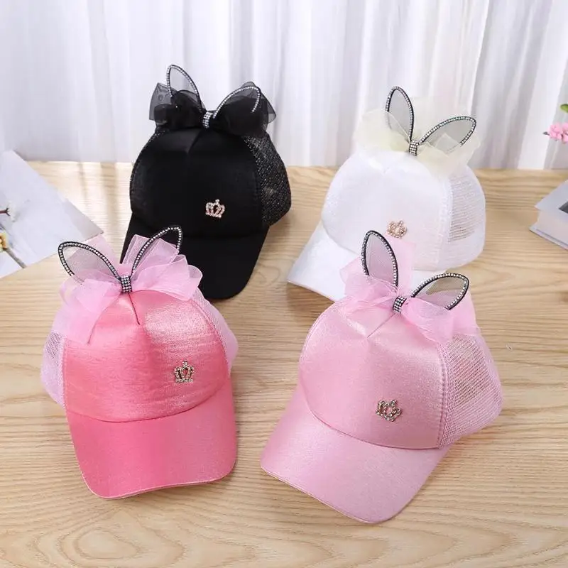 Summer Girls Baseball Cap with Silk Ribbon Ears Cute Kids Outdoor Sunscreen Peaked Children Breathable Visor Sun Shade Hat | Детская