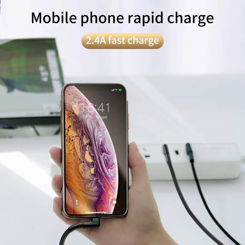 Baseus Doulbe локоть USB кабель для iPhone XR 8 11 iPad светодиодный 2.4A Быстрая зарядка кабель для iPhone зарядное устройство iPad игровой USB кабель для передачи данных usb кабель кабель для айфона