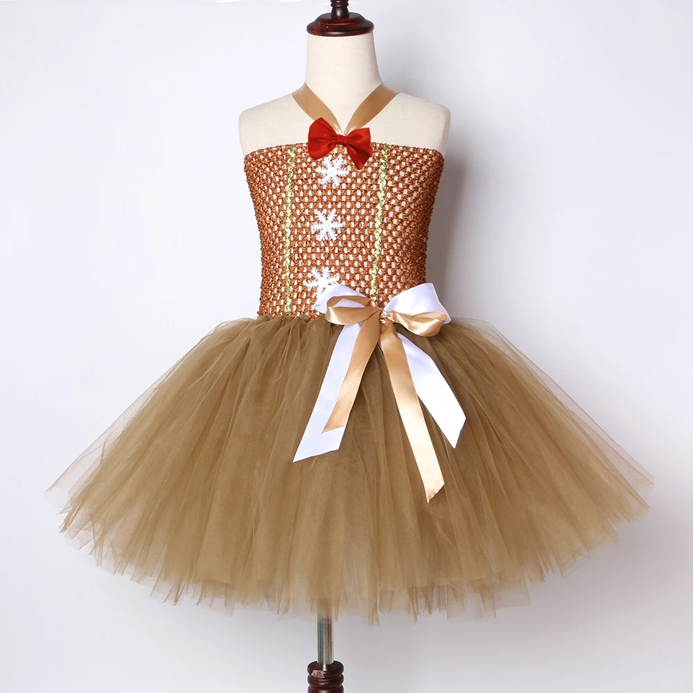 Gingerbread Man Girls Tutu Dress Brown Bow-knot Kids Christmas Party Dresses Tulle Children Carnival Halloween Costume | Детская одежда