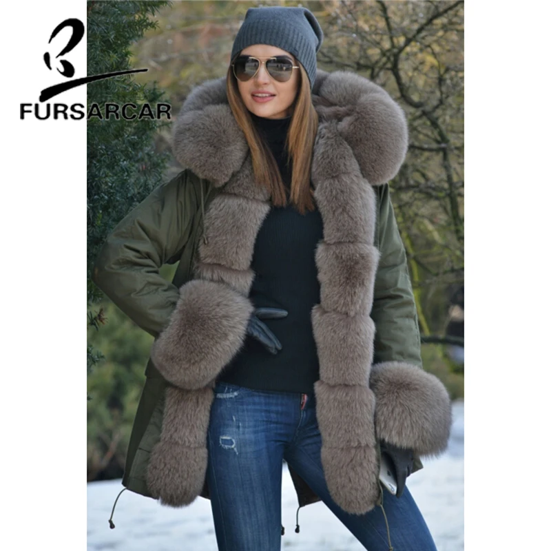 FURSARCAR Real Fur Coat Women With Large Fox Fur Hood And Cuff Luxury New Winter Thick Warm Military Style Fur Parka For Female