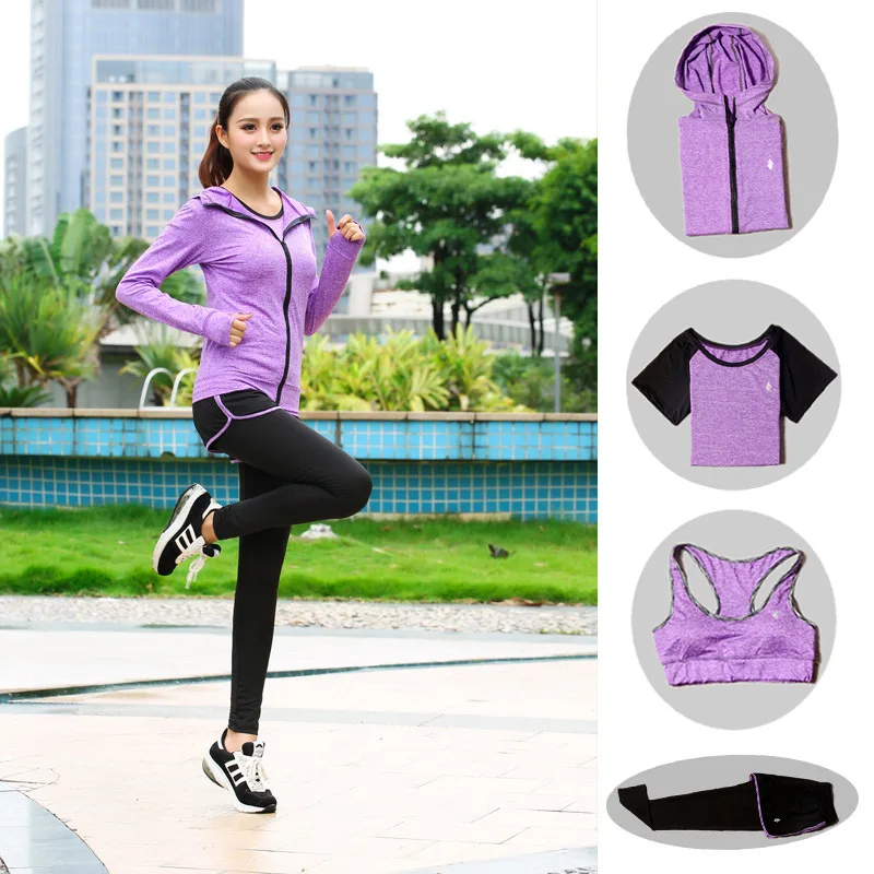 4piece set - Purple2 Бесшовный спортивный бюстгальтер, комплект для женщин, спортивный костюм, спортивная женская одежда для фитнеса, пуш-ап, высокий бюстгальтер+ спортивная женская одежда для бега - Цвет: 4piece set - Purple2