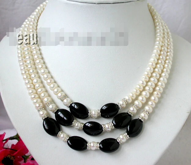 

Natural 7-8mm 3Strands White Freshwater Pearl black jade necklace