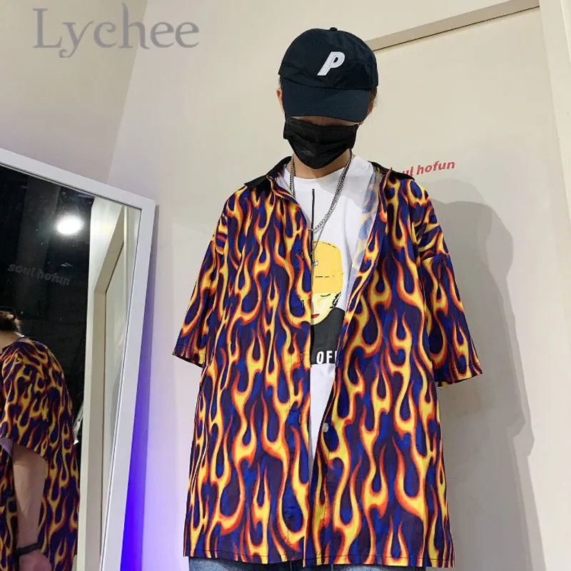 Lychee уличная женская блузка с принтом пламени, летняя рубашка, короткий рукав, отложной воротник, хит цвета, свободная женская рубашка, блузка