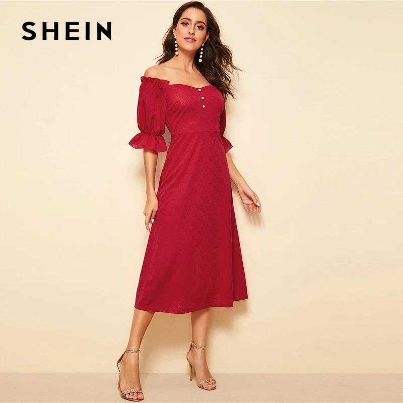 SHEIN Расклешенное Платье На Пуговицах С Оригинальным Рукавом И Оборкой Вечерние Длинные Платья Для Женщин