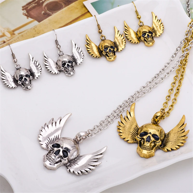 Ожерелье и серьги унисекс в стиле панк с крыльями черепом | Украшения аксессуары