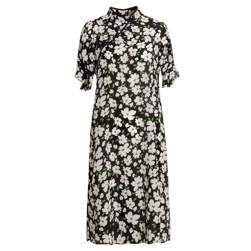 Женское платье Qipao летнее из 100% натурального шелка с цветочным принтом и