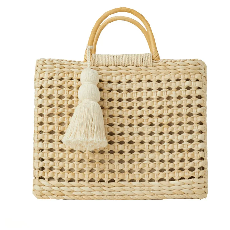 

2019 New Wooden Hand-held Natural Colors Hand-held Shopping Bag with Rabdosia Oblique Pure Colors Knitted Bag for Women