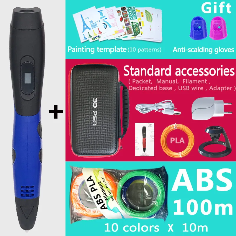 Blue pen 100m ABS 3d Ручка 3d ручки, подарок на год для детей подарок на день рождения Рождество, 3 d Ручка 3d модель, творческий 3d печать Ручка, 1,75 мм ABS/PLA нити - Цвет: Blue pen 100m ABS