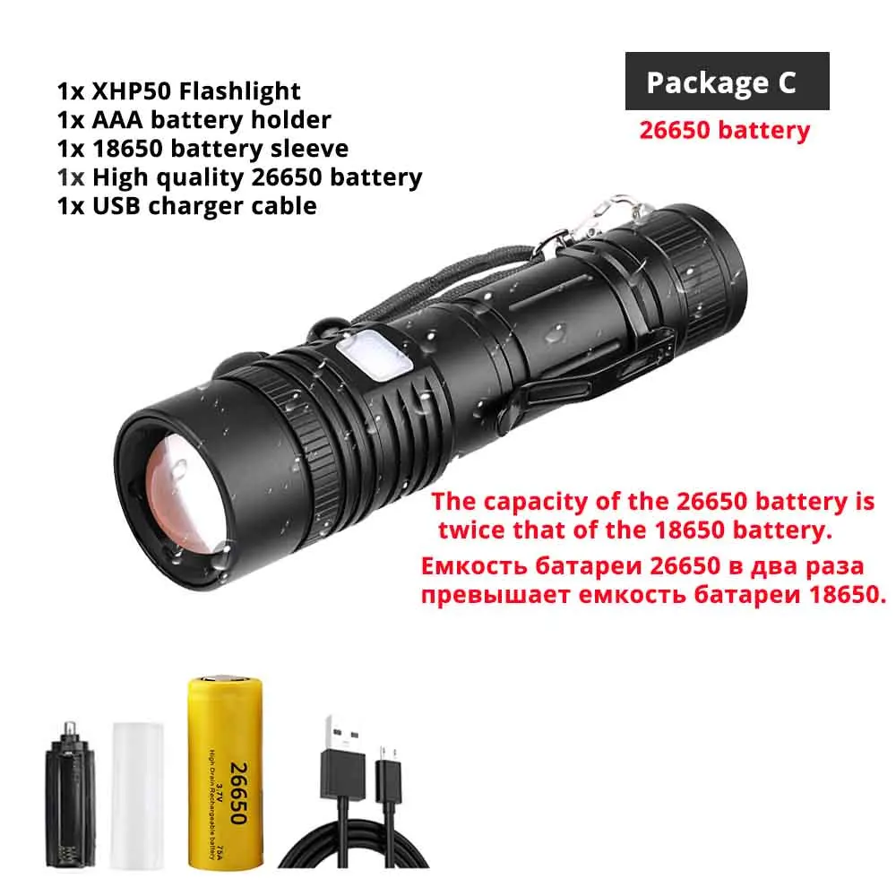Package C(26650) Мощный светодиодный фонарь XHP50 с поддержкой зума, 5 режимов освещения, фонарь с аккумулятором 18650 или 26650 для активного отдыха - Испускаемый цвет: Package C(26650)