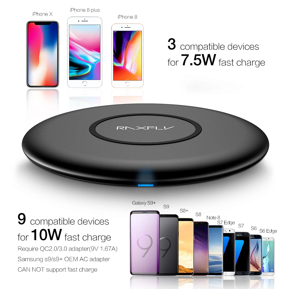 Беспроводное зарядное устройство RAXFLY Qi для iPhone X XS Max 8 Plus 10 Вт быстрая