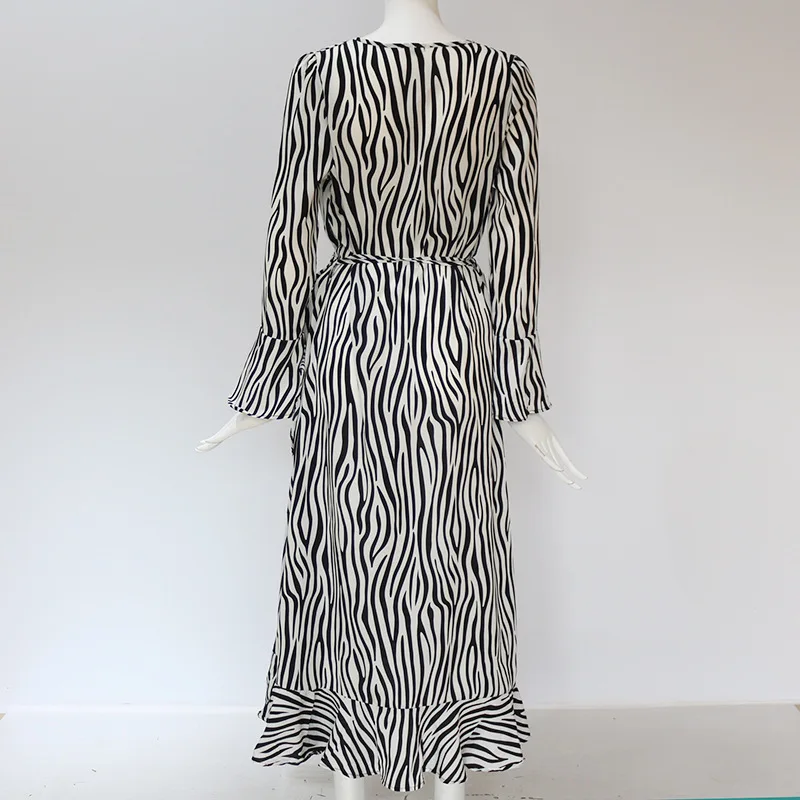 

Sexy Zebra Striped Chiffon Dress Women Spring Summer Tunic Elegant Party Long Sleeve High Waist Beach Dress Black Vestidos
