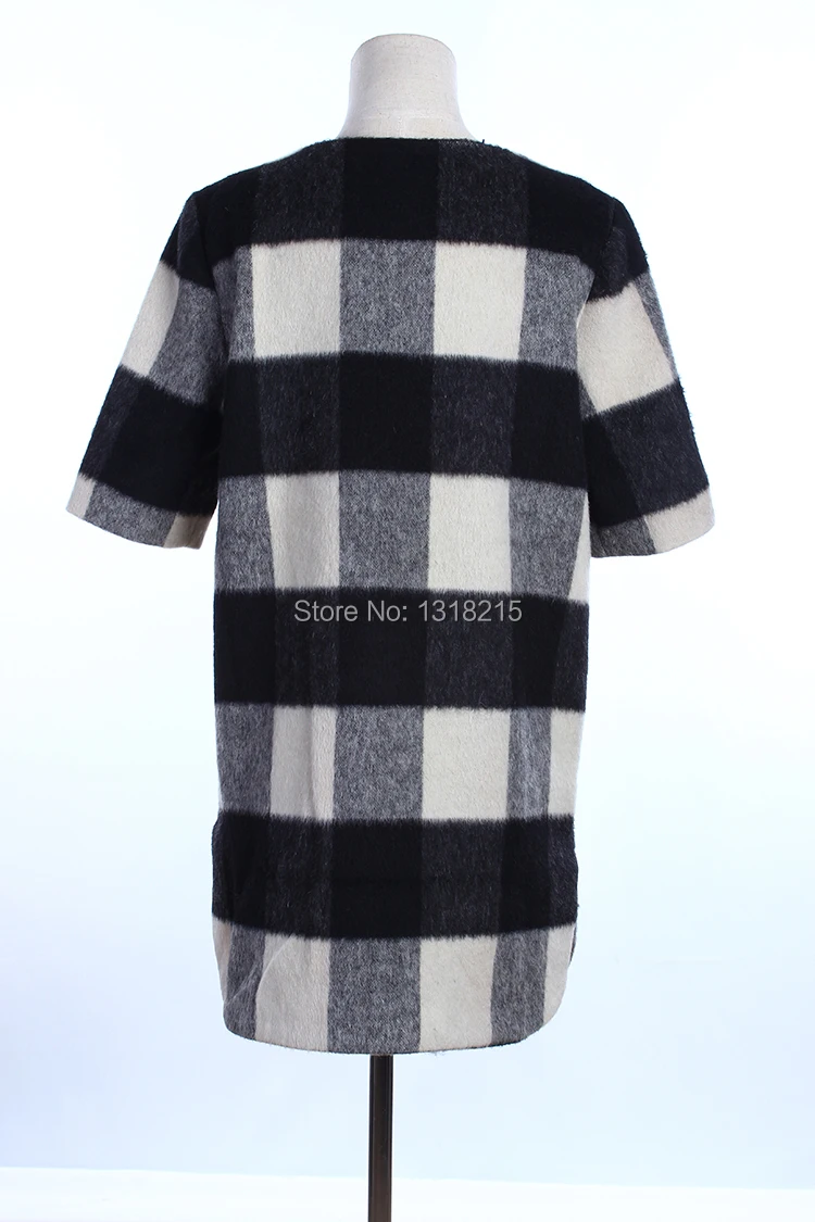 Europe station 2014 A/W fashion women's plaid print PU leather splicing short sleeve woolen dress ladies casual pencil | Женская