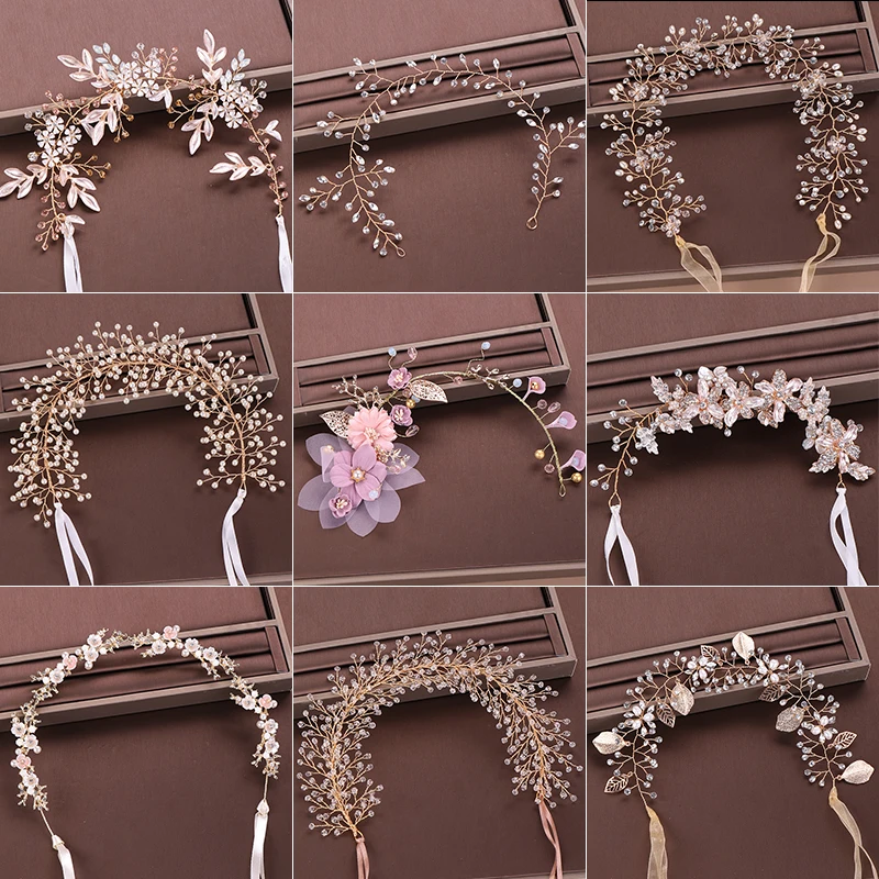 

Many Design High Quality Gold Freshwater Pearls Women Hair Jewelry Crystal Rhinestone Headband Flower Hairband Wedding Headpiece