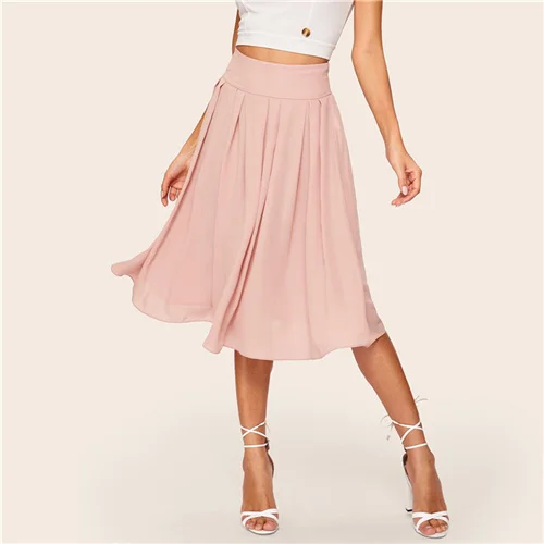 Pink Pastel Sheinside розовый пастельный широкий пояс коробка плиссированная юбка для женщин расклешенные шифоновые женские юбки летняя миди-юбка с высокой талией - Цвет: Pink Pastel