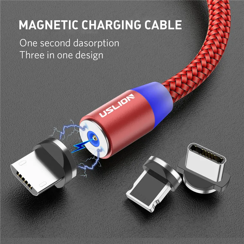 Магнитный Micro USB кабель USLION 2 м Type C для iPhone XS Max X провод зарядного устройства Samsung