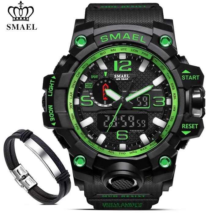 1545 Black Green SMAEL, мужские военные водонепроницаемые цифровые часы 50 м, мужские светодиодный кварцевые часы, спортивные часы, мужские часы 1545+ Набор браслетов - Цвет: 1545 Black Green