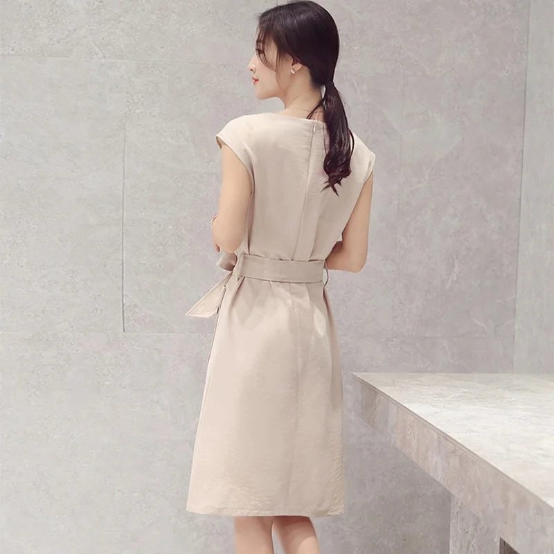 Женское облегающее платье однотонное летнее с о-вырезом и карманами в Корейском