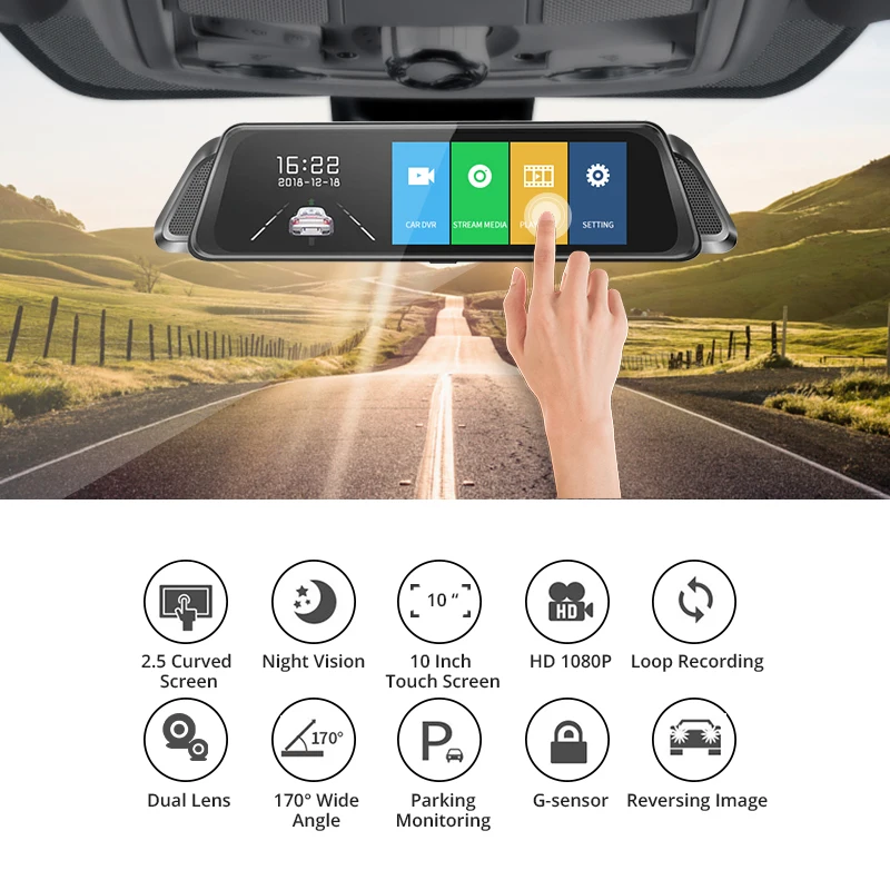 E-ACE, автомобильная dvr камера, 10,0 дюймов, сенсорное зеркало, FHD 1080 P, видео рекордер, авто регистратор, видеорегистратор, двойной объектив с камерой заднего вида