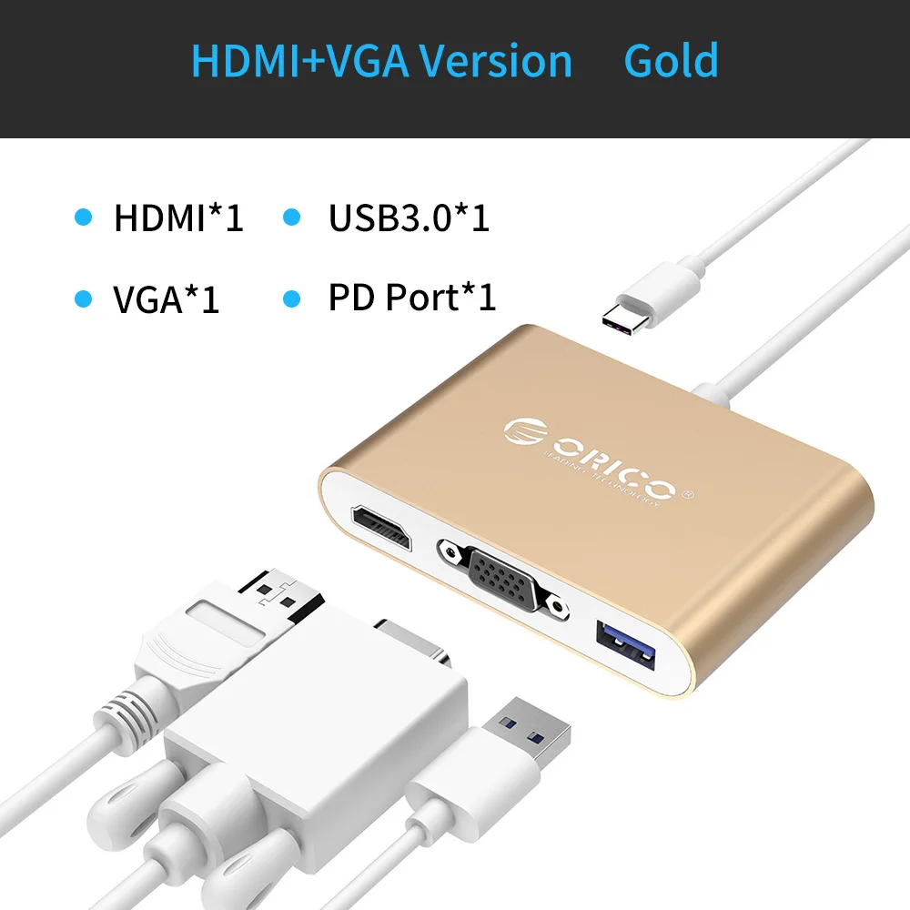 RCHV-Gold ORICO usb-хаб USB C к HDMI RJ45 VGA type-C PD адаптер для Mac/samsung Galaxy/huawei type C USB 3," концентратор - Цвет: RCHV-Gold