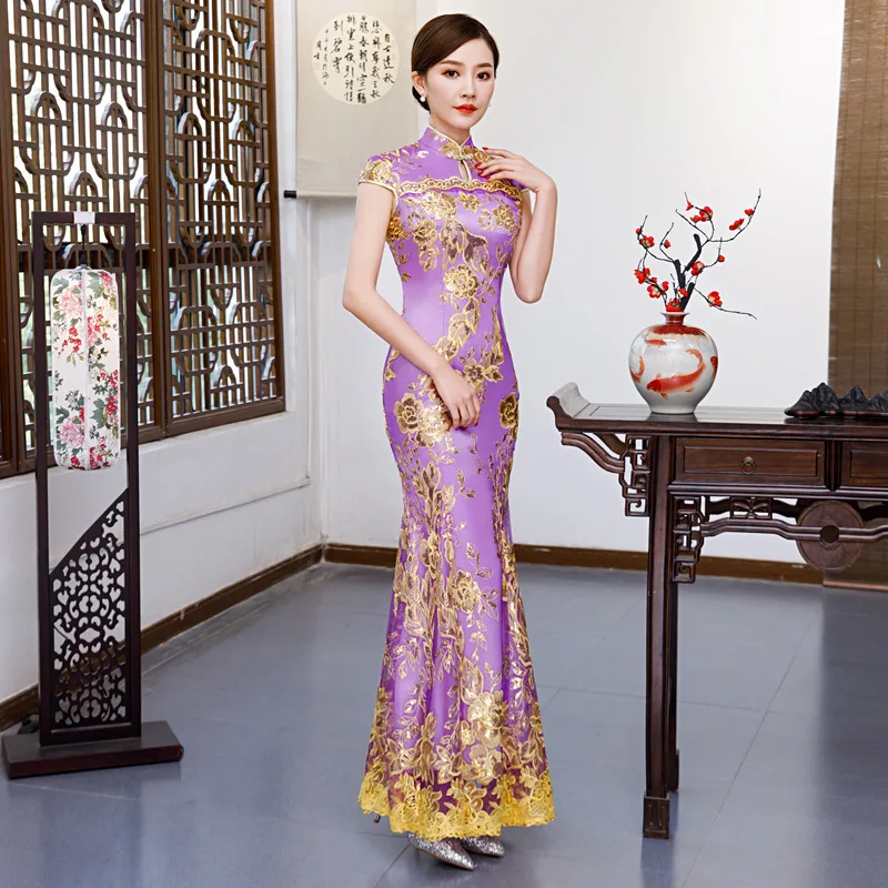 Красный вышивка Cheongsam Сексуальные платья Qipao длинный китайский традиционный свадебный платье восточные Свадебные платья с коротким рукавом QLX