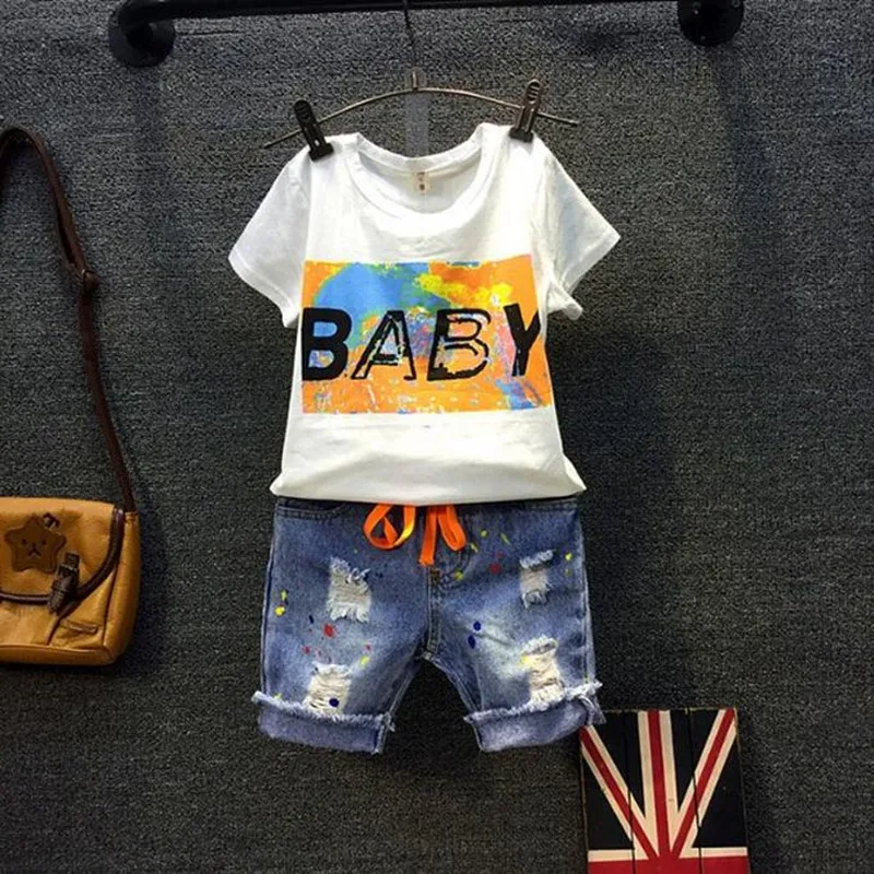 

DFXD Children Clothes Set 2018 New Fashion Summer White Short Sleeve O-neck Letter T-shirt+Ripped Jeans Pant 2pcs Boys Sets 2-7Y